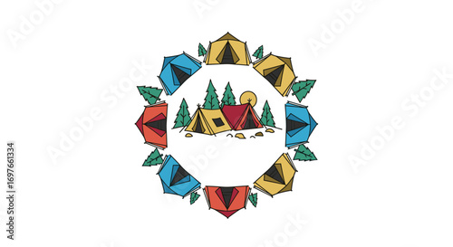 Outdoor adventures camping expedition tents in a circle surrounded by trees and nature scenes