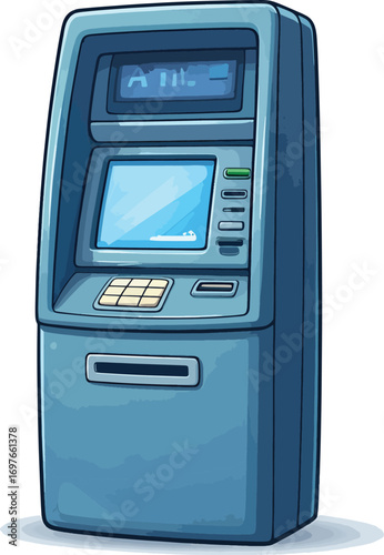 Illustration of a blue ATM machine with a screen and keypad on a white background.
