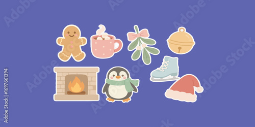 Print  Whimsical Christmas Sticker Collection – gingerbread man, hot cocoa mug, mistletoe, sleigh bell, cozy fireplace, ice skates, penguin with scarf, Santa hat – cute festive vector stickers  