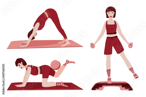 Vector sport people isolated. Woman in sportswear doing exercise with fitness ball on gym mat. Woman doing step aerobics with dumbbells. Woman practicing yoga in downward facing dog pose.