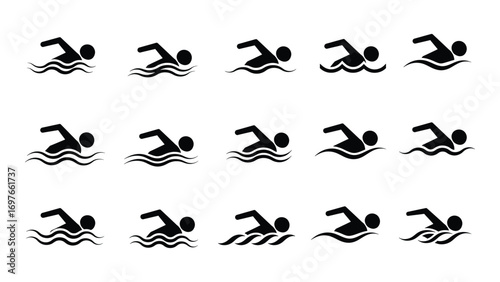 Swimming icon set showing swimmer in the water
