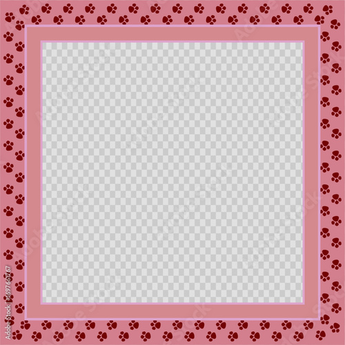 Cute pink square photo frame with a border of repeating red paw prints, a perfect template for pet pictures and animal-themed designs