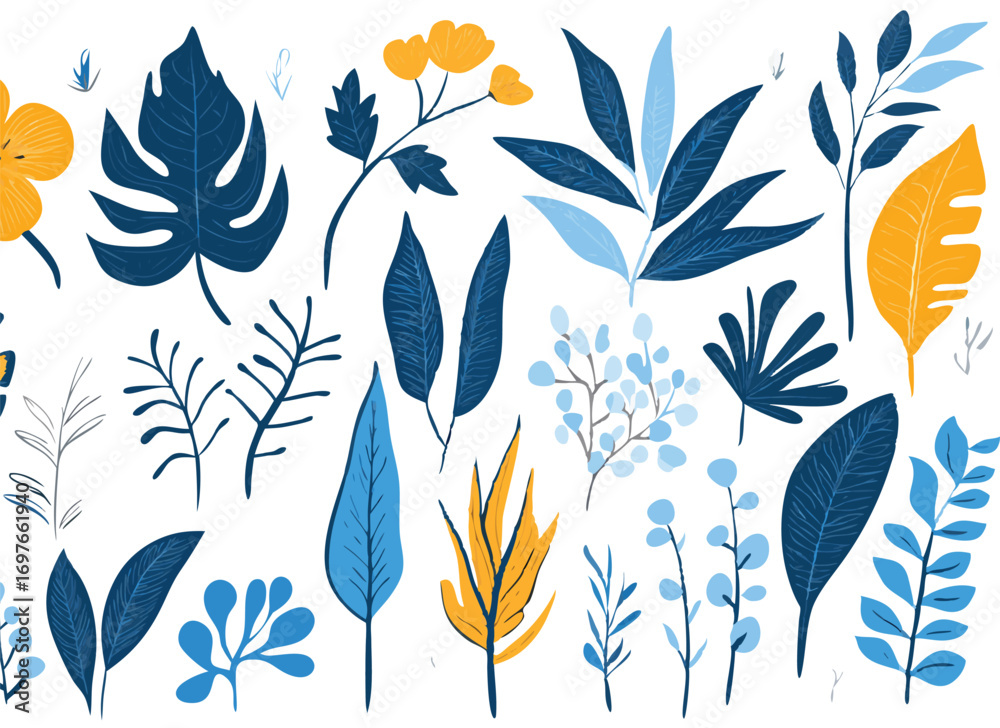 Fototapeta premium Collection of delicate blue watercolor botanical illustrations of tropical leaves and flowers