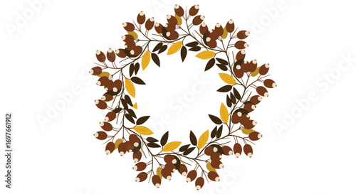 Whimsical wreath design with earthy autumnal berries and golden yellow leaves for festive occasions and seasonal decor
