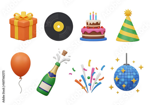 3d icon of collection of party and celebration elements including gifts, cake, and confetti, isolated on transparent background