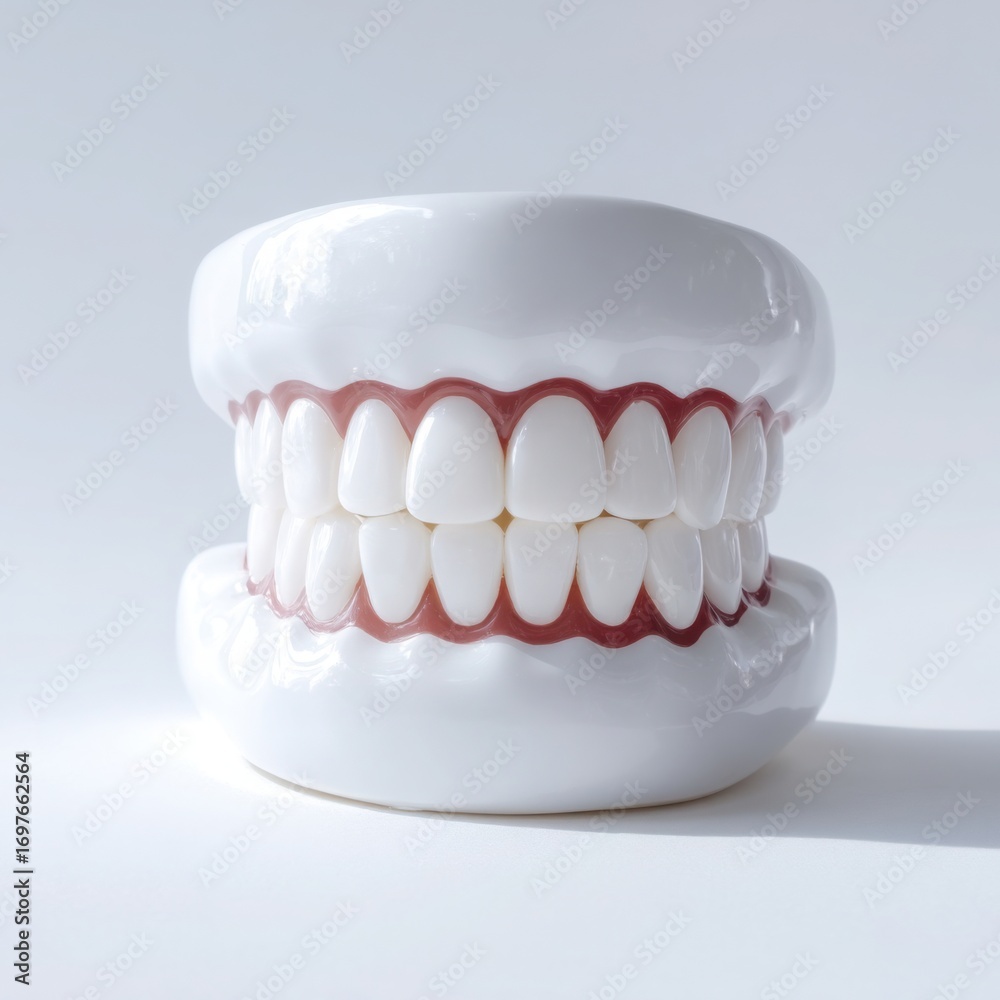Obraz premium Close-up of a dental model showcasing perfect white teeth and healthy gums against a clean white background, ideal for dentistry and oral hygiene visuals.