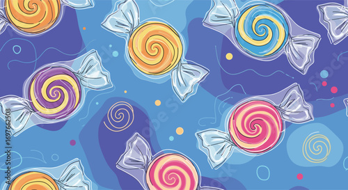 Whimsical swirl lollipops on a playful abstract background with tiny colorful dots and freehand line art accents