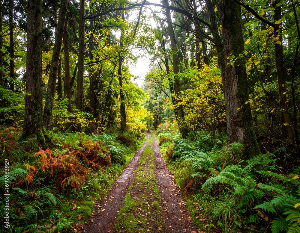 Obraz premium Autumnal forest path, sunlight through trees