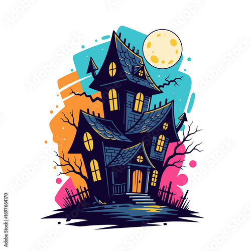 Spooky haunted house silhouette with moon isolated on white background