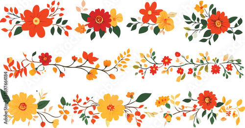 Collection of three horizontal floral borders featuring vibrant orange and yellow flowers and green leaves
