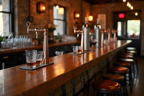 A whiskey barrel bar with copper taps embedded in it.
