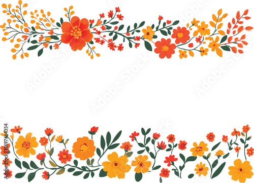 Vibrant watercolor floral borders featuring orange and yellow blossoms and green leaves