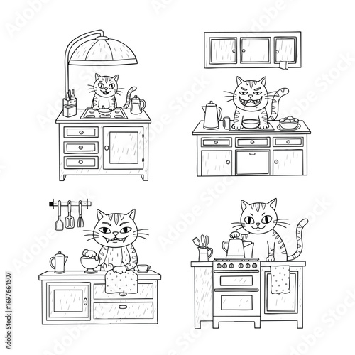 A set of four handdrawn cartoon cats cooking and making mischief in the kitchen line art.
