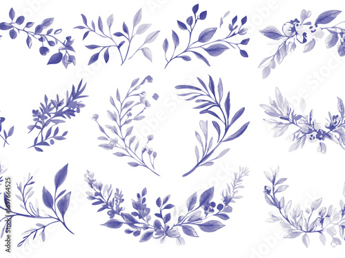 Collection of delicate watercolor botanical elements featuring purple leaves and twigs on white background