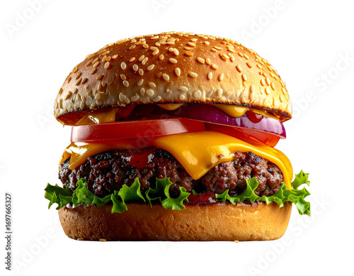 Juicy hamburger with melted cheese and crisp lettuce isolated on transparent background PNG
