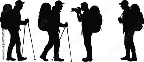 Silhouettes of hikers with backpacks and trekking poles, outdoor adventure, travel photography, nature exploration, 