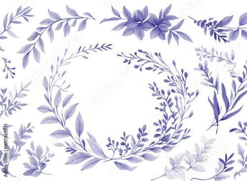 Delicate watercolor lavender floral elements and wreath for elegant wedding invitations and designs