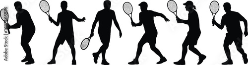 Silhouettes of men playing tennis with rackets, various action poses, sports activity, outdoor game, fitness, healthy lifestyle, vector illustration