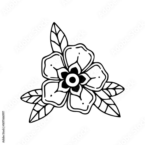classic tattoo rose and leaves line art