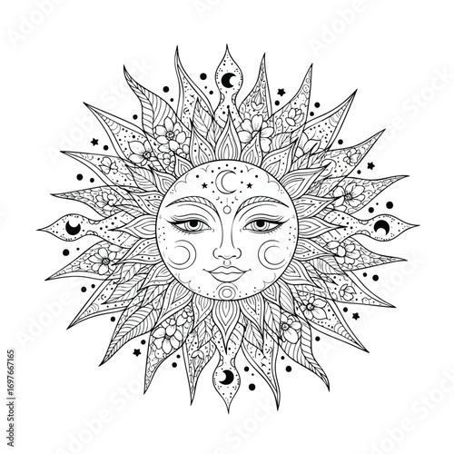 Bohemian celestial sun with a serene feminine face crescent moons and intricate floral rays.