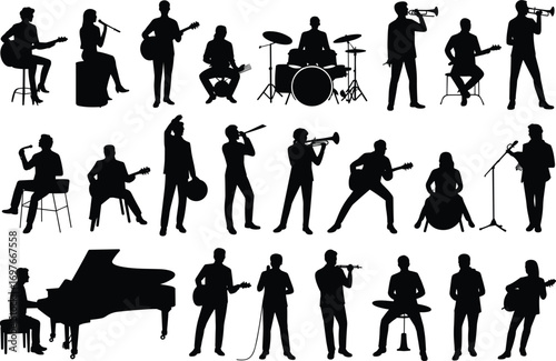 Musicians performing with instruments, singer, guitarist, drummer, trumpeter, pianist silhouettes, live music band, concert performance, musical artist illustration, vector set