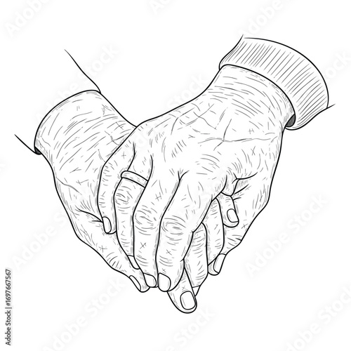 Detailed line art sketch of a loving couples hands clasped together showing support and affection.
