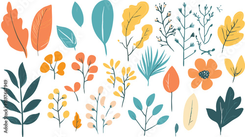 Vibrant collection of stylized botanical elements and abstract floral illustrations for design
