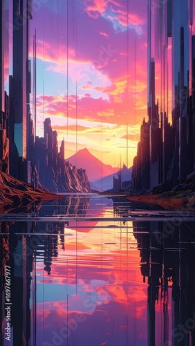 Serene Sunset Over Valley with Reflections and Mountains in Distance