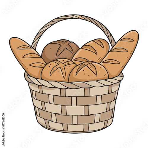 Assorted bread basket with baguettes and rolls in wicker basket – stock vector flat illustration