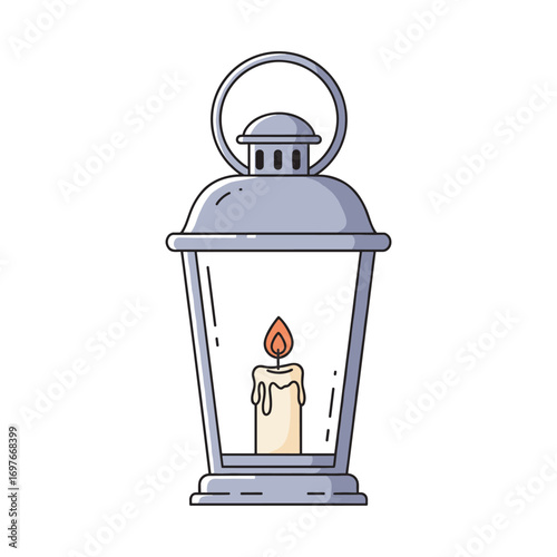 Vintage lantern with lit candle in glass enclosure – stock vector flat illustration