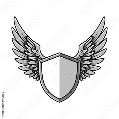 Winged shield emblem with intricate feathery wings – stock vector flat illustration