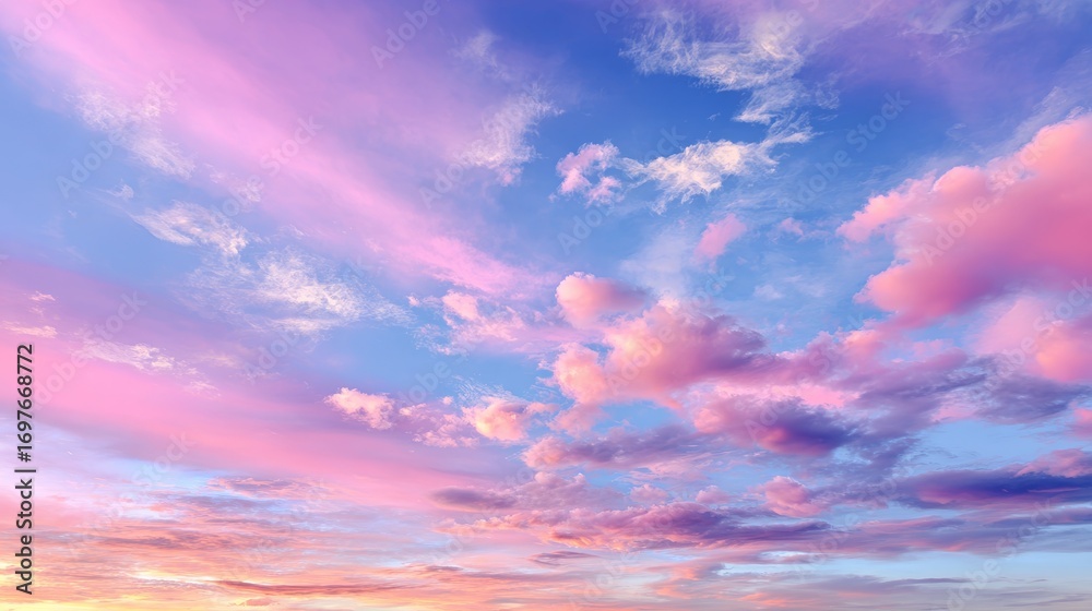 Obraz premium Vibrant pink and blue sunset sky with fluffy clouds