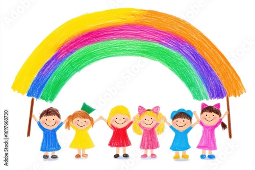 Rainbow of Joy: A group of happy children stands together, holding up a vibrant rainbow, symbolizing hope, happiness, and the beauty of diversity and inclusion.