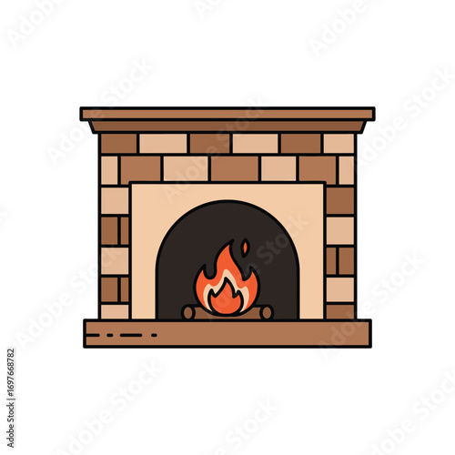 Cozy brick fireplace with burning logs – stock vector flat illustration