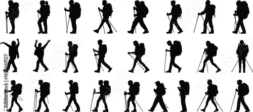 Silhouettes of hikers walking with backpacks and trekking poles, outdoor adventure, hiking, nature exploration, active lifestyle, trekking, and wilderness concept.