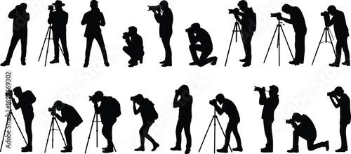 Silhouettes of professional photographers with cameras and tripods in various shooting poses, capturing moments, photography, creativity, and art concept.