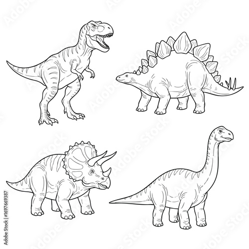 Handdrawn collection of four popular dinosaurs in a black and white sketch style.