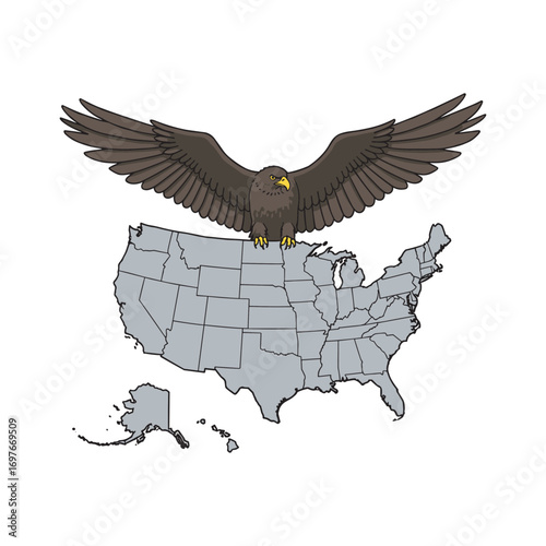 Eagle spreading wings above united states map symbolizing freedom and strength – stock vector flat illustration
