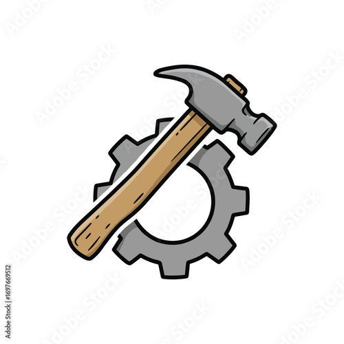 Hammer and gear icon symbolizing construction and engineering tools – stock vector flat illustration