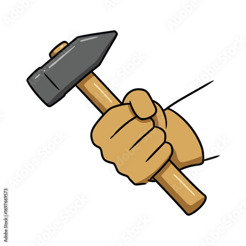 Cartoon hand holding hammer artwork with wooden handle and metal head – stock vector flat illustration