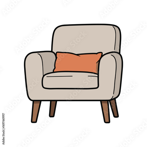 Modern beige armchair with orange cushion on wooden legs – stock vector flat illustration