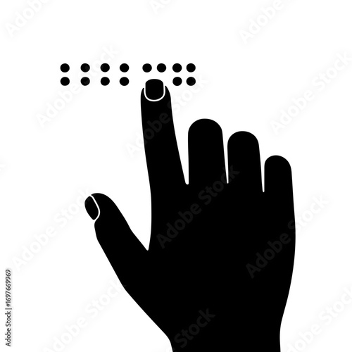 A powerful black and white icon depicting a human index finger gently touching a series of Braille dots. This minimalist yet impactful visual directly conveys the act of reading 