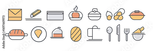 Line icon set of baking and cooking utensils with kitchen tools eggs bread dough mixer spoon knife fork rolling pin butter and pot in minimalist style