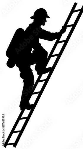 Silhouette of firefighter climbing ladder wearing helmet and oxygen tank emergency rescue safety black vector illustration isolated on white background emergency response concept