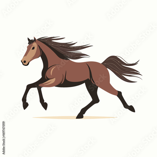 Brown horse galloping with flowing mane and tail isolated vector flat minimalist design on white background fast running animal illustration