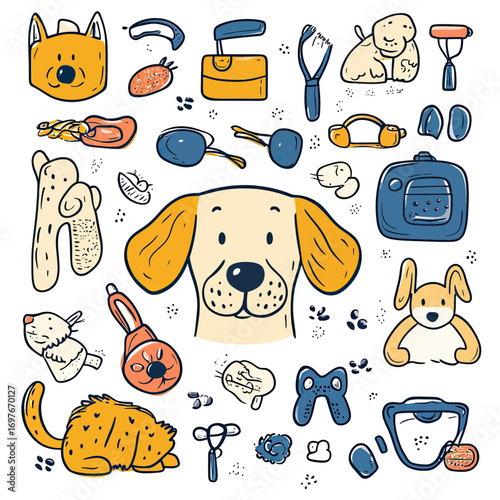 Hand drawn dog face pet grooming accessories brush comb shampoo training leash collar toys paw prints doodle vector illustration set minimal flat style