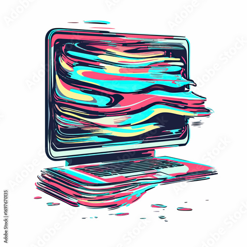 Abstract colorful digital glitch effect on desktop computer with distorted liquid display and fluid 3D style waves in modern vector illustration