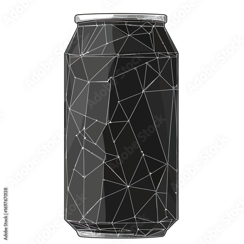 Black polygonal low poly style soda can vector illustration with geometric line and dot design on white background for drinks packaging and branding concept