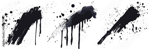 Abstract black ink brush strokes with splatters and drips isolated on white background artistic paint splash vector design elements for grunge textures and backgrounds