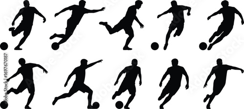 Silhouettes of male soccer players, football actions, kicking, running, sports movements, athletic poses, teamwork, energy, outdoor game, competition, agility, training, fitness